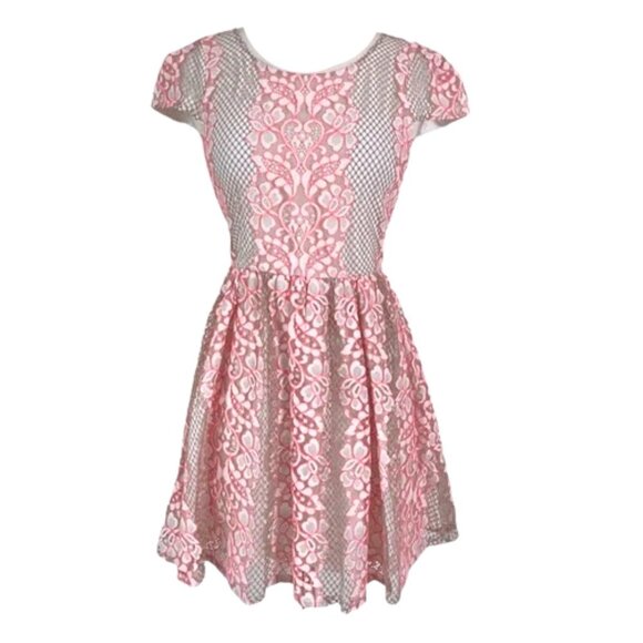 NWOT Lovers + Friends Revolve Neon Pink Trimmed Lace Skater Mini Dress Sz. S - Picture 1 of 3